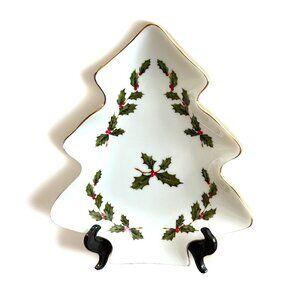 Lefton Christmas Tree Dish Gold Trim Holly Berry Japan White Porcelain Vtg 1985